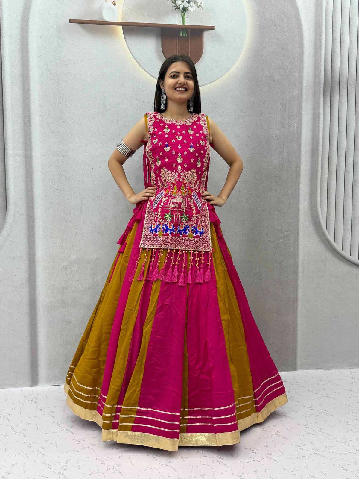 ROYAL PURPLE DUAL-TONE SILK LEHENGA CHOLI WITH EMBROIDERED TASSEL KOTI