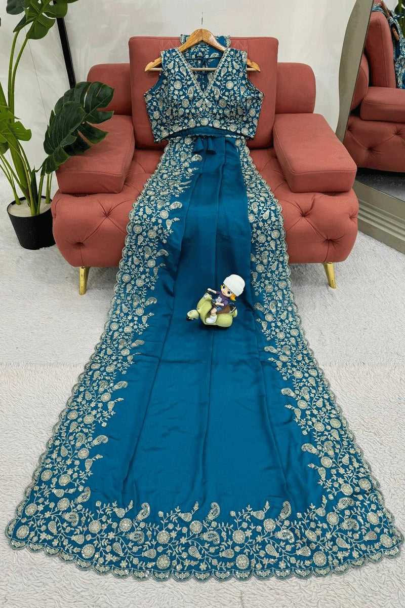 BEAUTIFUL BLUE SAREE IN EMBROIDERY THREAD AND SEQUENCE WORK