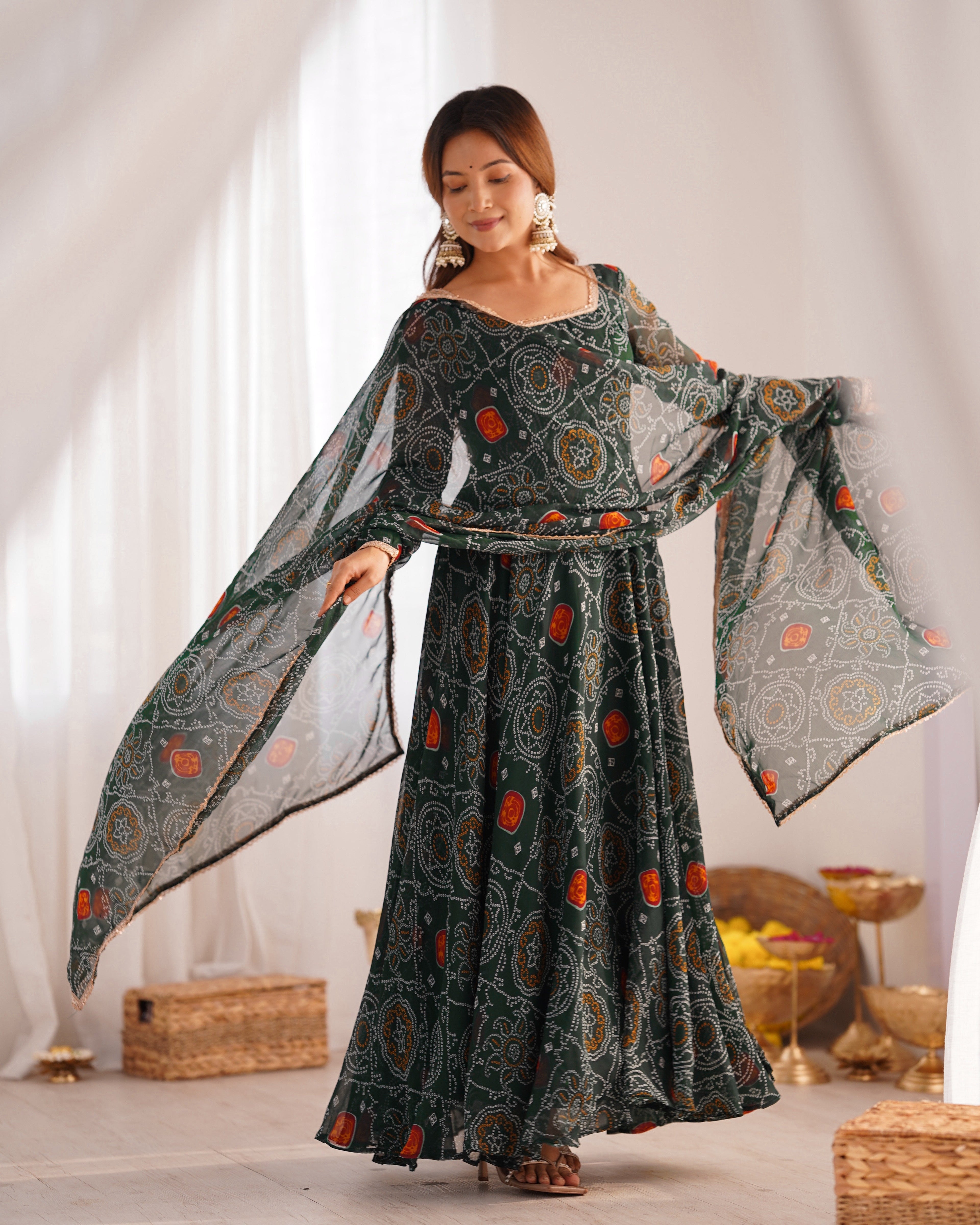 GREEN COLOR BANDHEJ PRINT SOFT CHIFFON ANARKALI SUIT SET OF 3