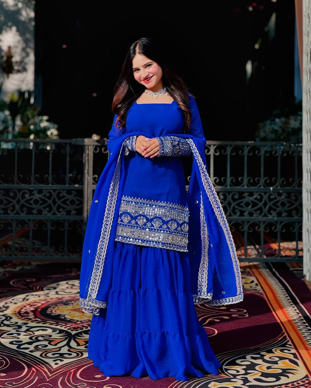 BLUE COLOR GEORGETTE BASE EMBROIDERED WORK SHARARA SUIT SET OF 3