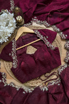 ELEGANT WINE SILK SAREE WITH CUTDANA & PEARL HANDWORK
