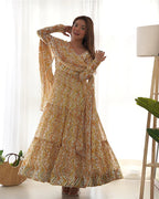 OFF-WHITE COLOR SOFT GEORGETTE THREE LAYER RUFFLE STYLE ANARKALI SUIT