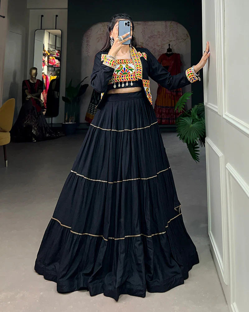 BLACK COLOR PURE RAYON GAMTHI NAVRATRI LEHENGA CHOLI