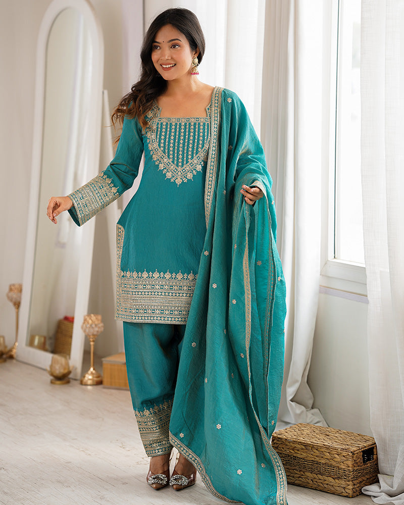 SEA GREEN COLOR NC VICHITRA SILK FARSHI SALWAR SUIT