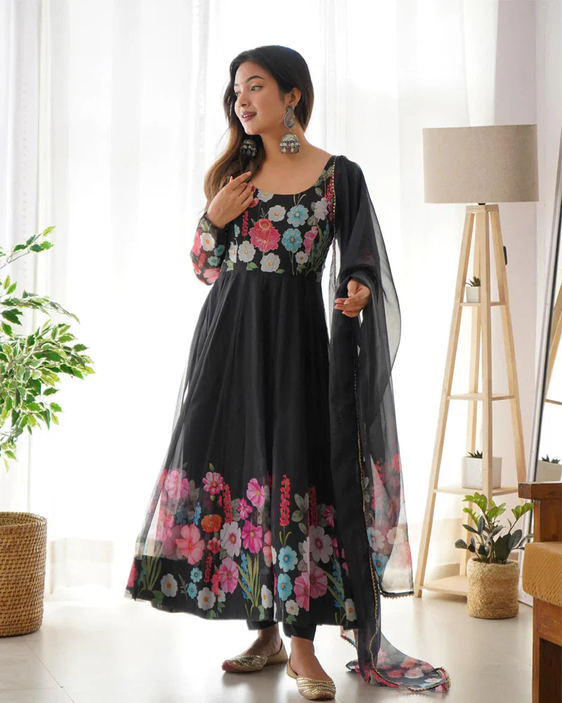 BLACK FLORAL PRINT ORGANZA THREE PIECE ANARKALI SUIT
