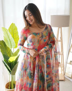 RED MULTI COLOR PRINT ORGANZA THREE PIECE ANARKALI SUIT