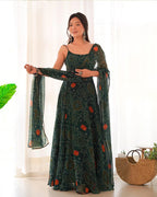 FLORAL DARK GREEN COLOR BANDHANI PRINT SOFT CHIFFON ANARKALI GOWN