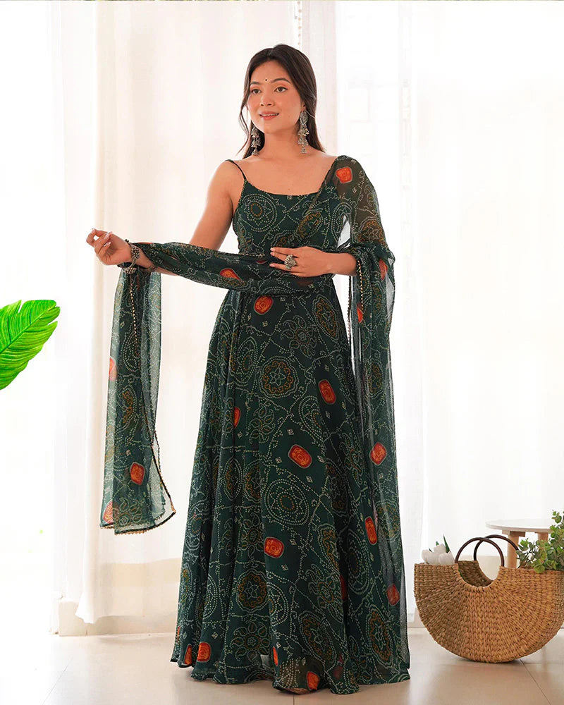 FLORAL DARK GREEN COLOR BANDHANI PRINT SOFT CHIFFON ANARKALI GOWN