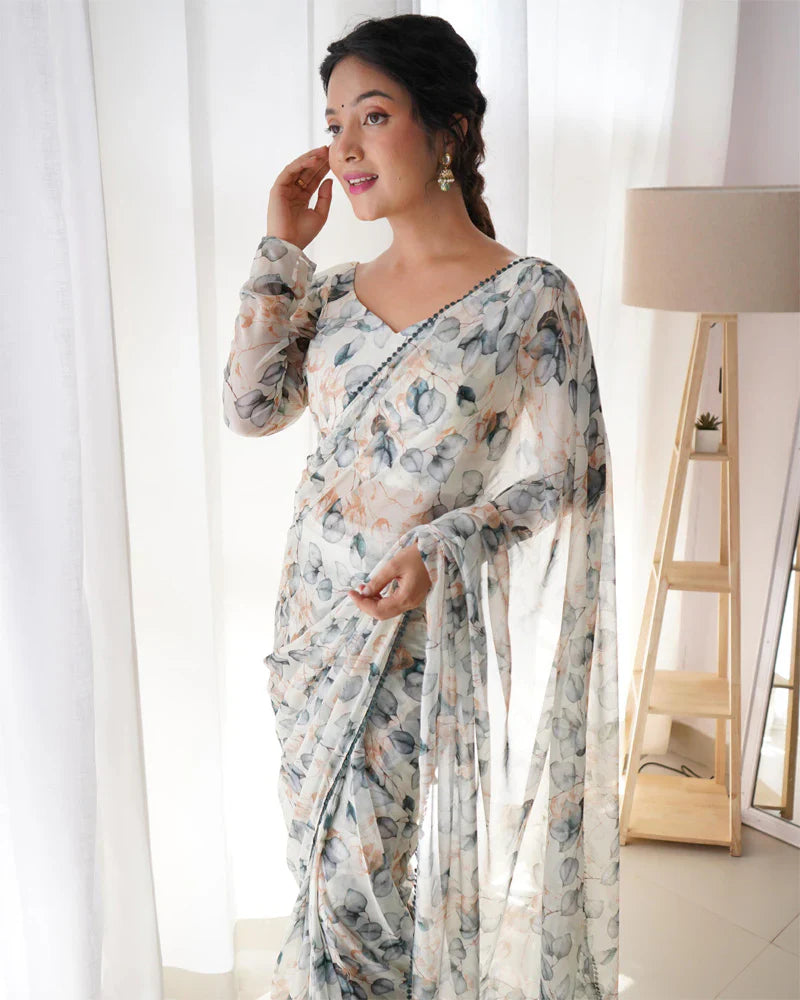 FLORAL CREAM OFF WHITE COLOUR CHIFFON PRE DRAPPED SAREE