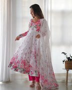 WHITE ORGANZA SILK FLORAL PRINT THREE PIECE ANARKALI SUIT