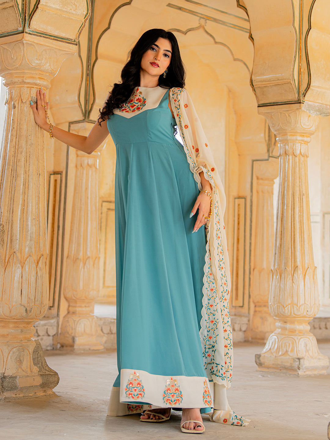 Aqua Ivory Blue Hand Embroidered Anarkali Set for Festive Wear