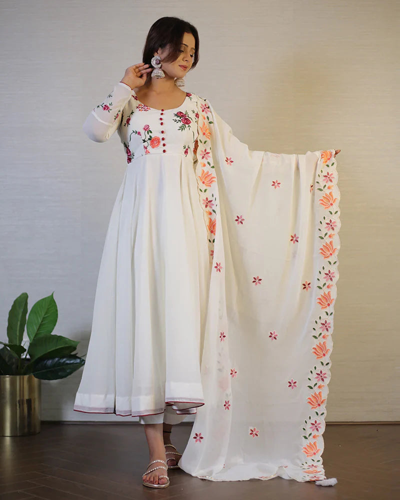 OFF WHITE FLORAL SOFT GEORGETTE THREE PIECE ANARKALI SUIT