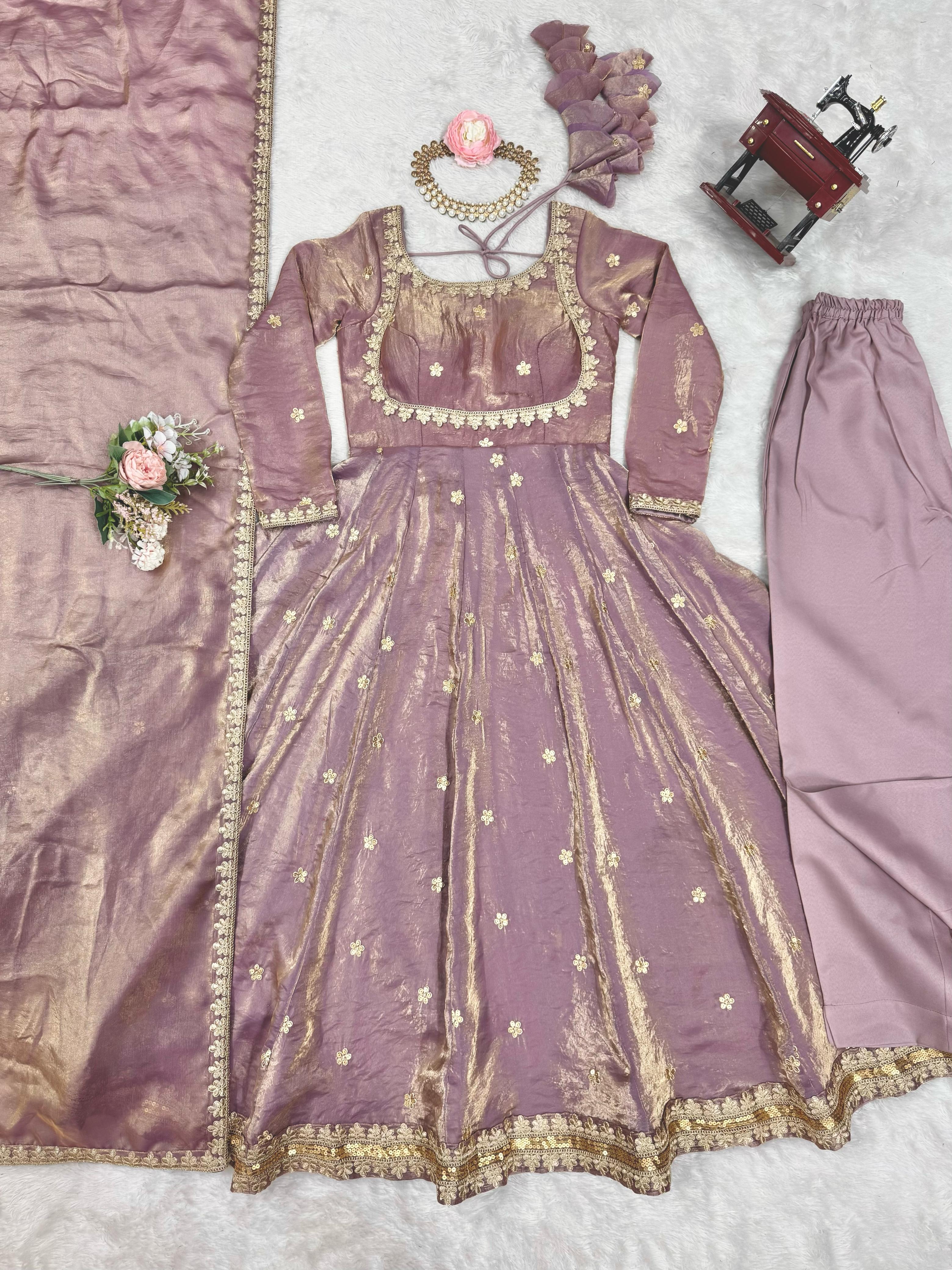 ONION PINK COLOR FANDY SILK BASE EMBROIDERED ANARKALI SUIT SET OF 3