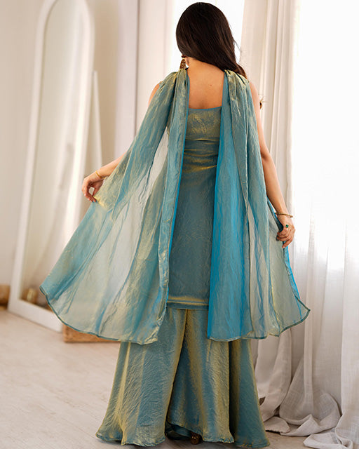 DUSTY BLUE COLOR FENDI SILK EMBROIDERED SHARARA SUIT