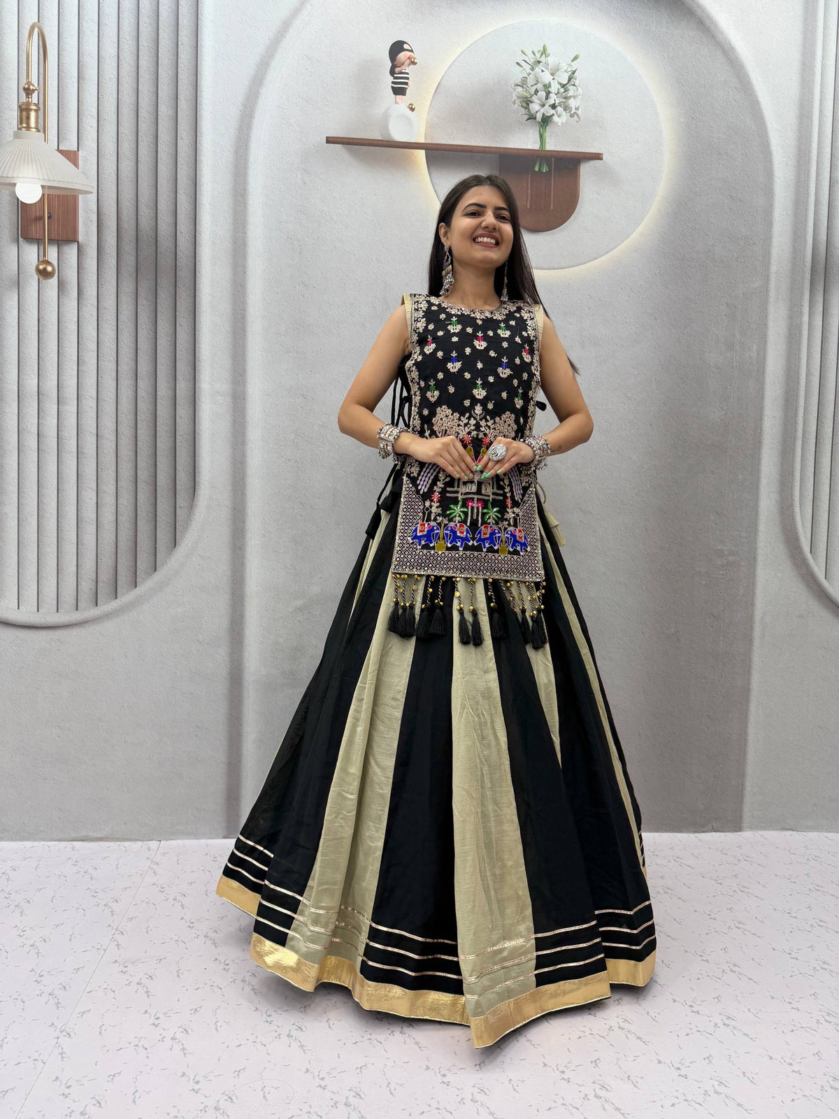 ROYAL PURPLE DUAL-TONE SILK LEHENGA CHOLI WITH EMBROIDERED TASSEL KOTI