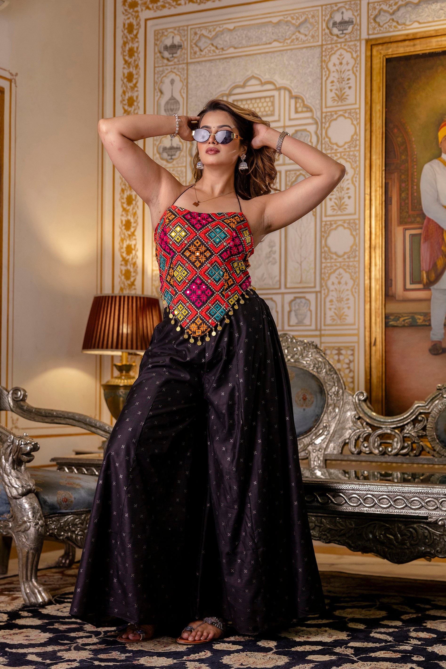TRIBAL MIRROR WORK HALTER NECK TOP WITH PALAZZOS CO-ORD SET