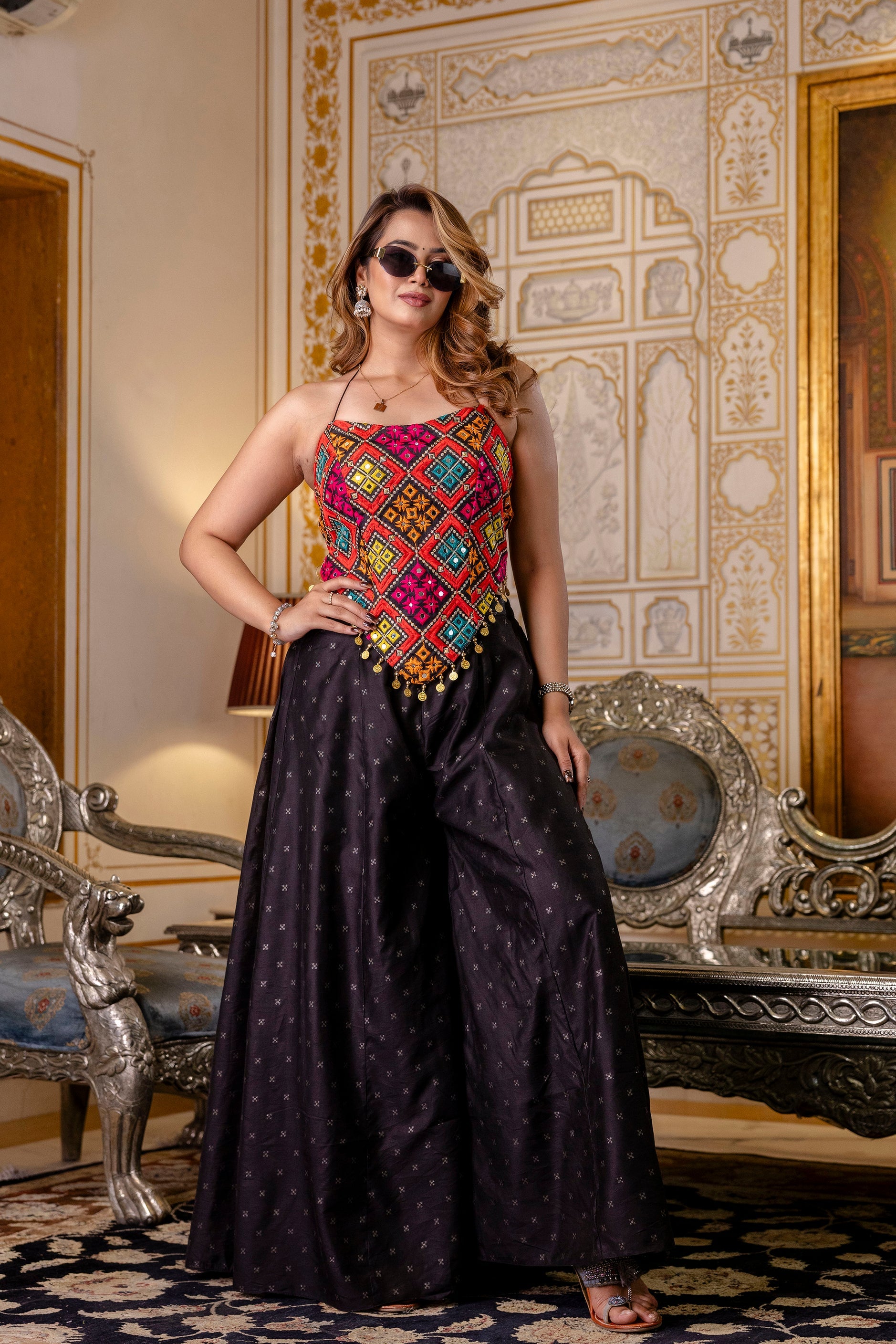 TRIBAL MIRROR WORK HALTER NECK TOP WITH PALAZZOS CO-ORD SET