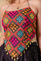 TRIBAL MIRROR WORK HALTER NECK TOP WITH PALAZZOS CO-ORD SET