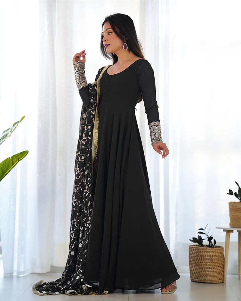 BLACK COLOR SOFT GEORGETTE ANARKALI GOWN WITH HEAVY EMBROIDERY WORK DUPATTA