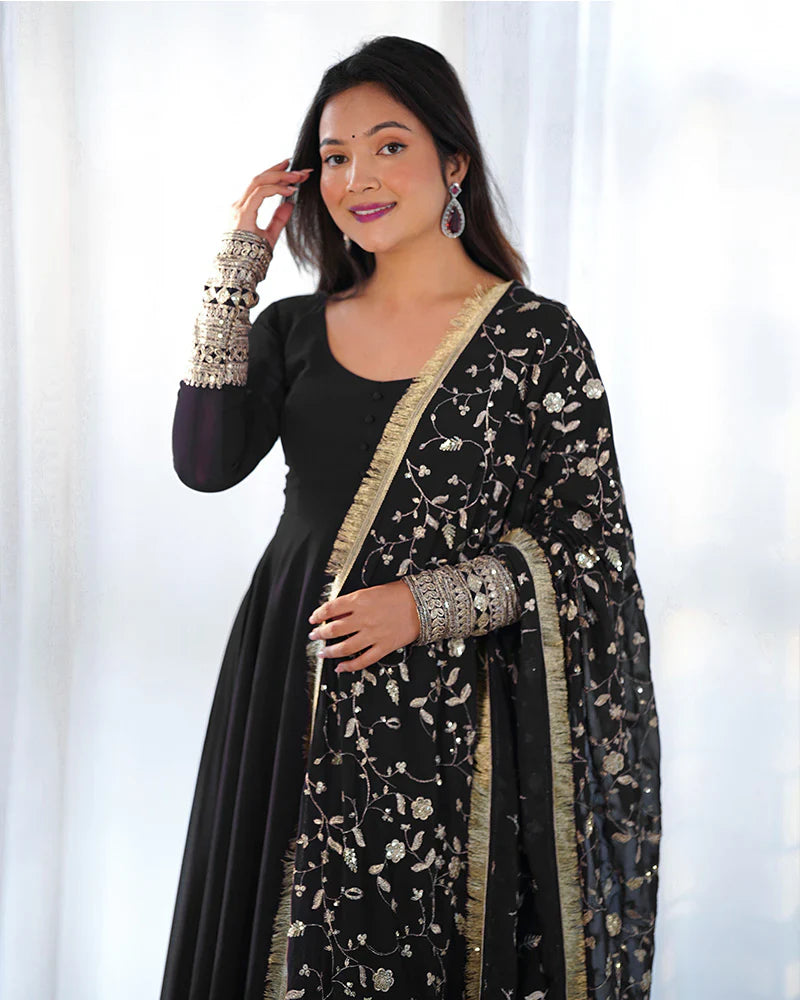 BLACK COLOR SOFT GEORGETTE ANARKALI GOWN WITH HEAVY EMBROIDERY WORK DUPATTA