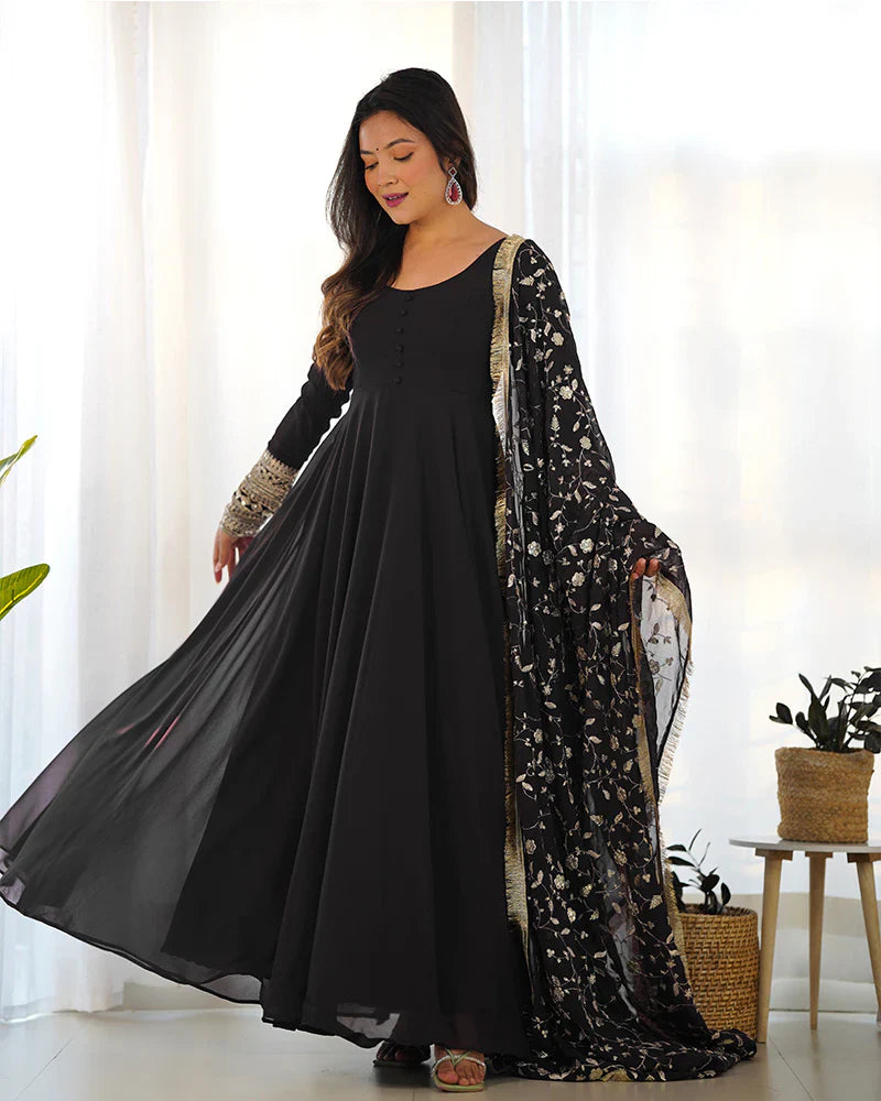 BLACK COLOR SOFT GEORGETTE ANARKALI GOWN WITH HEAVY EMBROIDERY WORK DUPATTA