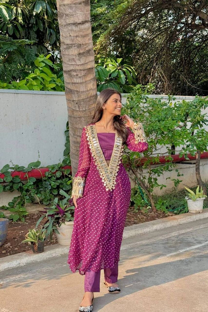 WINE COLOR BANDHANI PRINT MIRROR WORK CO-ORD SET