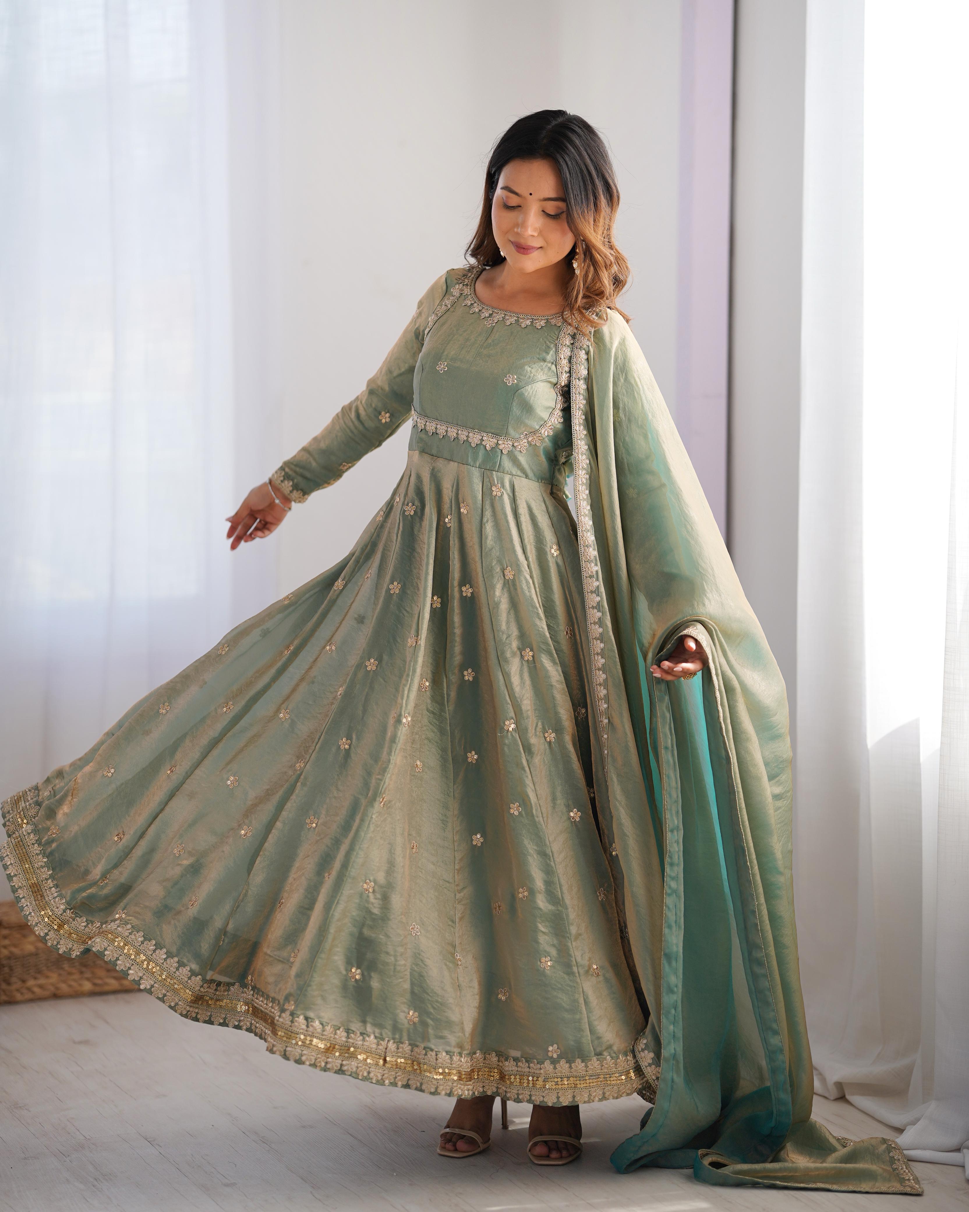 GREEN COLOR FANDY SILK BASE EMBROIDERED ANARKALI SUIT SET OF 3