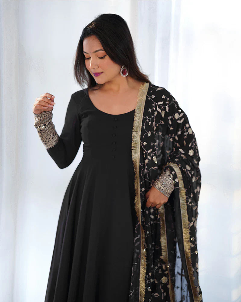 BLACK COLOR SOFT GEORGETTE ANARKALI GOWN WITH HEAVY EMBROIDERY WORK DUPATTA