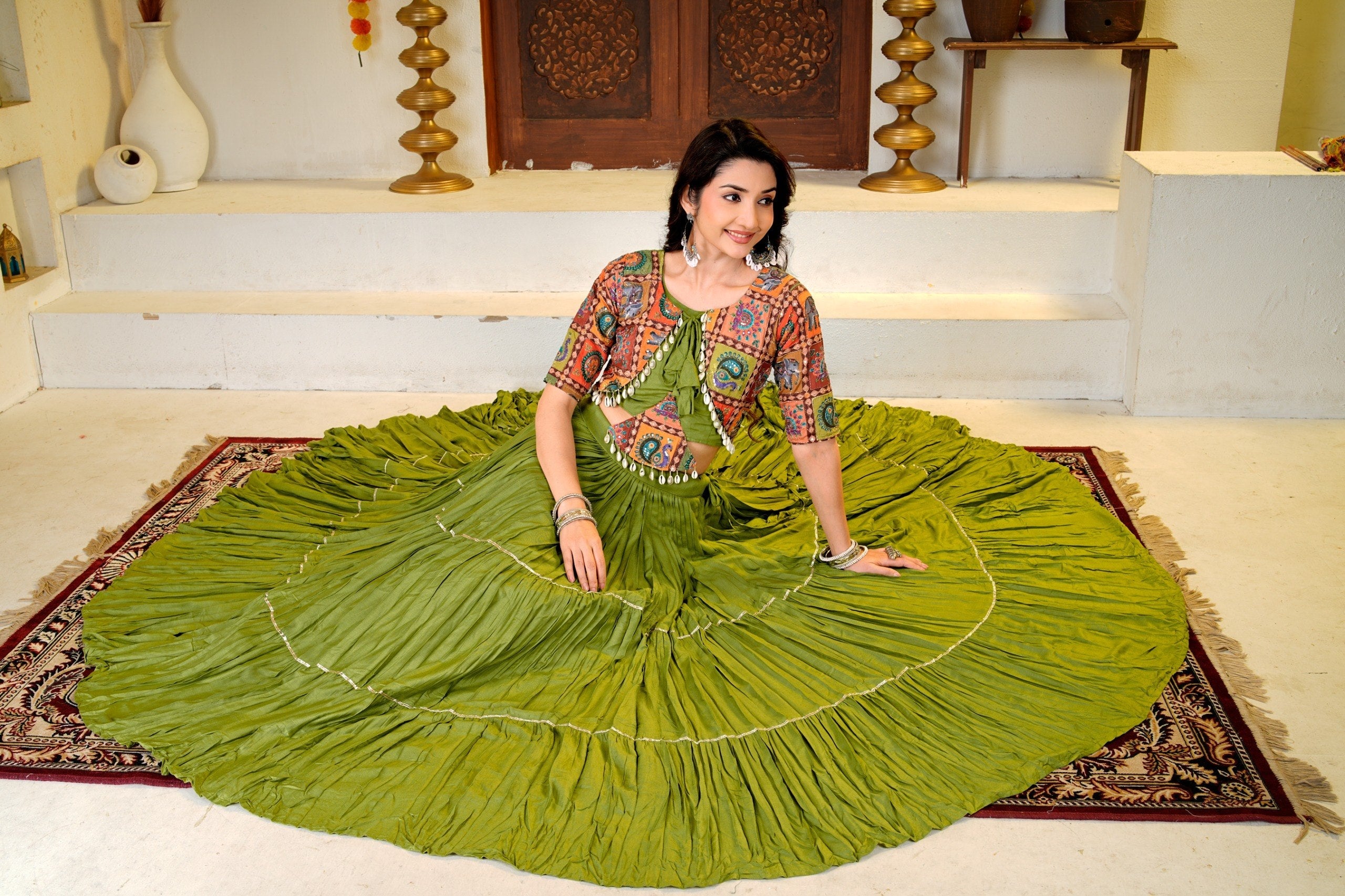 ELEGANT GREEN NAVRATRI COTTON LEHENGA CHOLI WITH TRADITIONAL PRINT