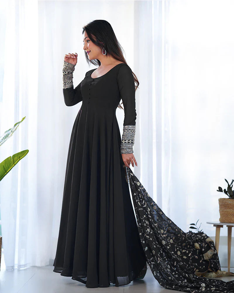 BLACK COLOR SOFT GEORGETTE ANARKALI GOWN WITH HEAVY EMBROIDERY WORK DUPATTA