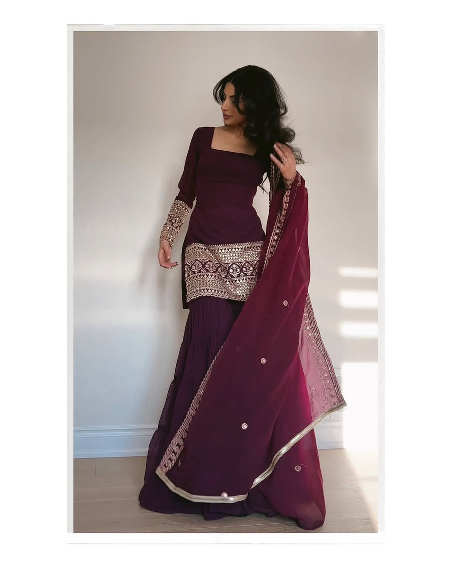WINE COLOR GEORGETTE BASE EMBROIDERED WORK SHARARA SUIT SET OF 3