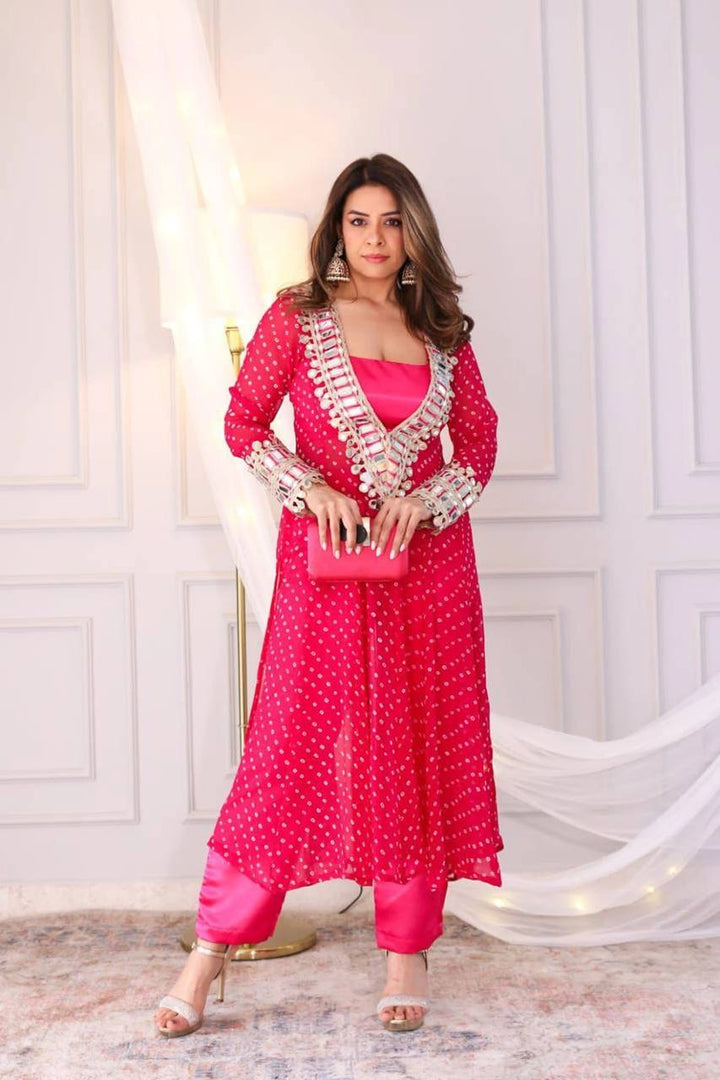 RANI PINK COLOR BANDHANI PRINT MIRROR WORK CO-ORD SET