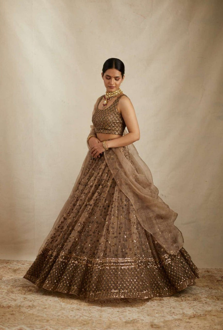 DESIGNER LOOK BROWN COLOR EMBROIDERED WORK LEHENGA CHOLI