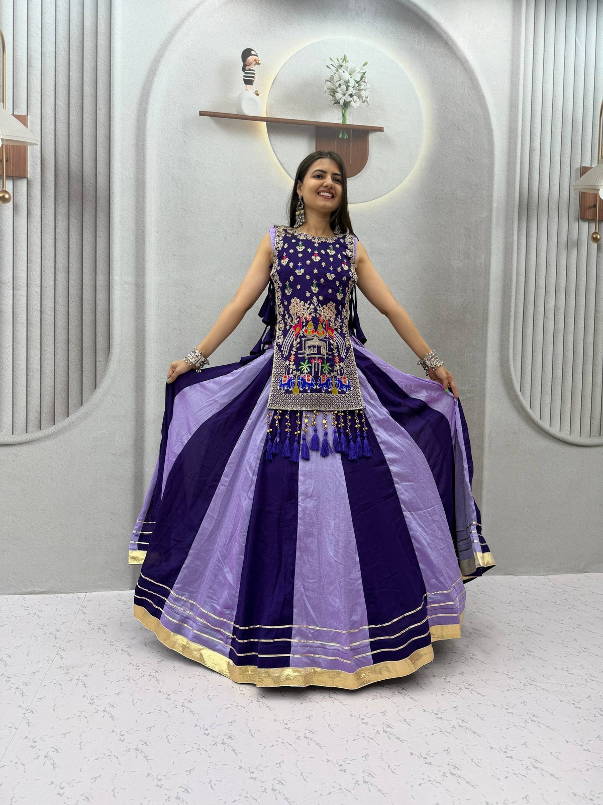ROYAL PURPLE DUAL-TONE SILK LEHENGA CHOLI WITH EMBROIDERED TASSEL KOTI
