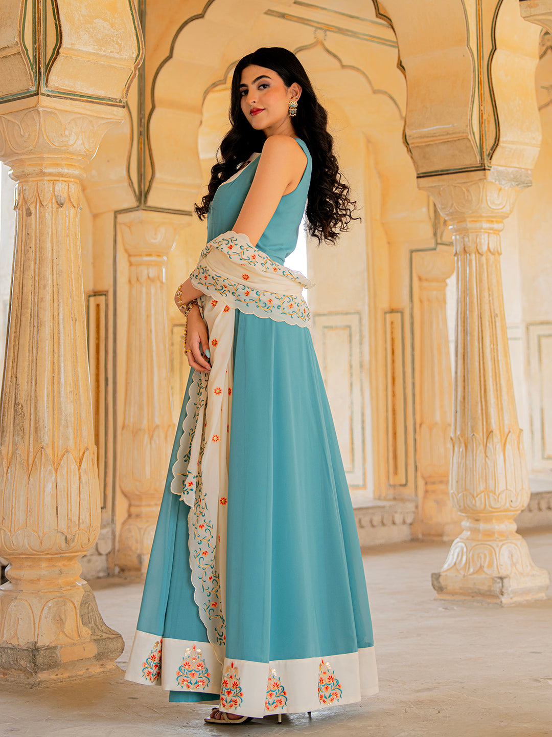 Aqua Ivory Blue Hand Embroidered Anarkali Set for Festive Wear