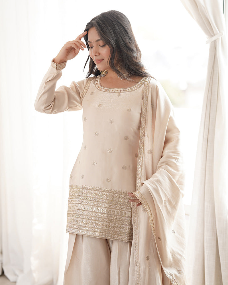 OFF WHITE COLOR ROMAN SILK EMBROIDERED FARSHI SALWAR SUIT
