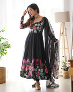 BLACK FLORAL PRINT ORGANZA THREE PIECE ANARKALI SUIT