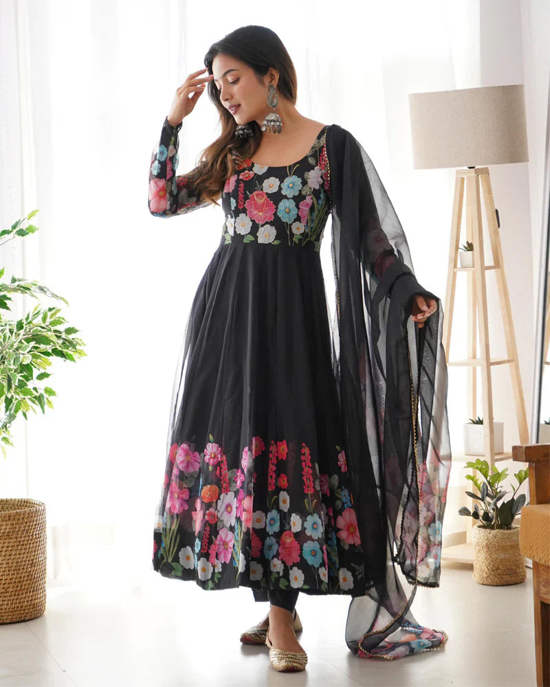 BLACK FLORAL PRINT ORGANZA THREE PIECE ANARKALI SUIT