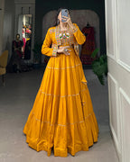 MUSTARD COLOR PURE RAYON GAMTHI NAVRATRI LEHENGA CHOLI