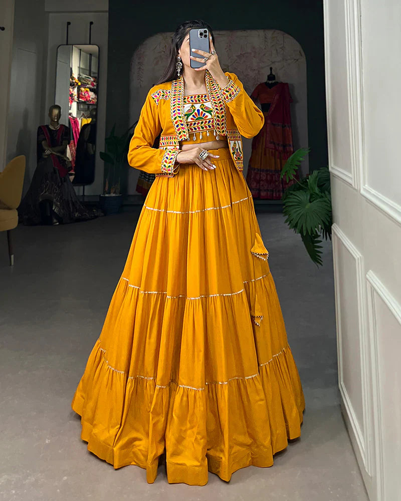 MUSTARD COLOR PURE RAYON GAMTHI NAVRATRI LEHENGA CHOLI