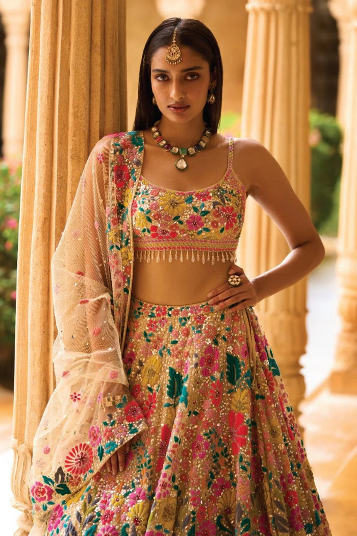 MULTI COLOURED FLORAL APPLIQUE LEHENGA SET