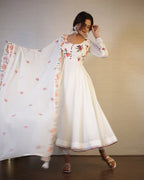 OFF WHITE FLORAL SOFT GEORGETTE THREE PIECE ANARKALI SUIT