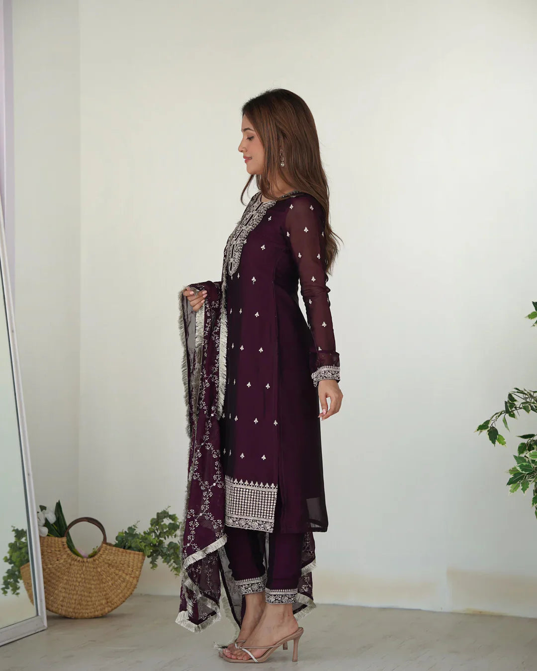 WINE COLOR RANGOLI SILK THREE PIECE KURTI SUIT