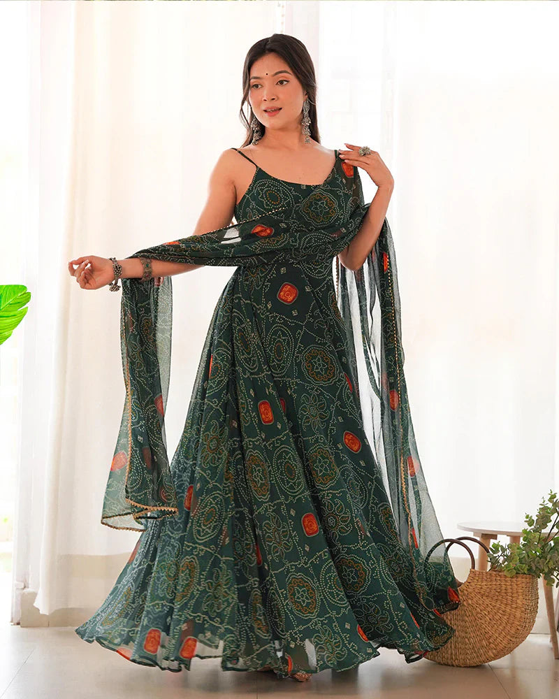 FLORAL DARK GREEN COLOR BANDHANI PRINT SOFT CHIFFON ANARKALI GOWN