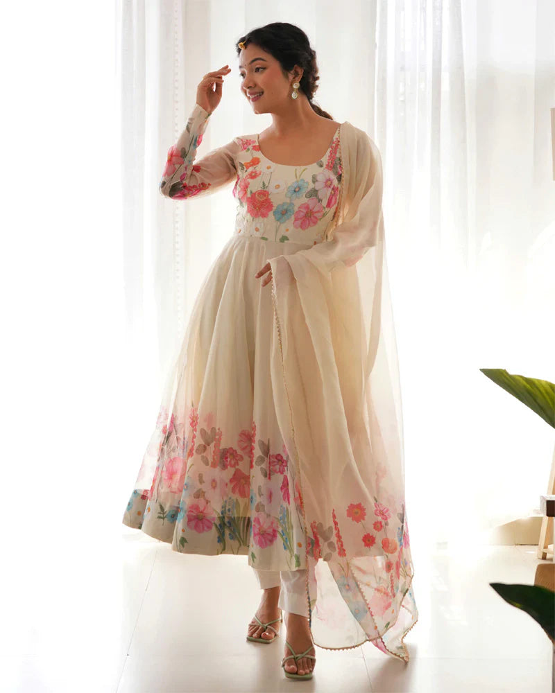 OFF WHITE FLORAL PRINT ORGANZA THREE PIECE ANARKALI SUIT