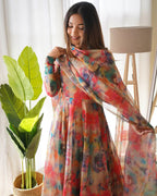 RED MULTI COLOR PRINT ORGANZA THREE PIECE ANARKALI SUIT