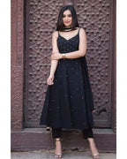 TRENDY BLACK PEARL GEORGETTE BASE ANARKALI SUIT WITH CHURIDAR SET OF 3