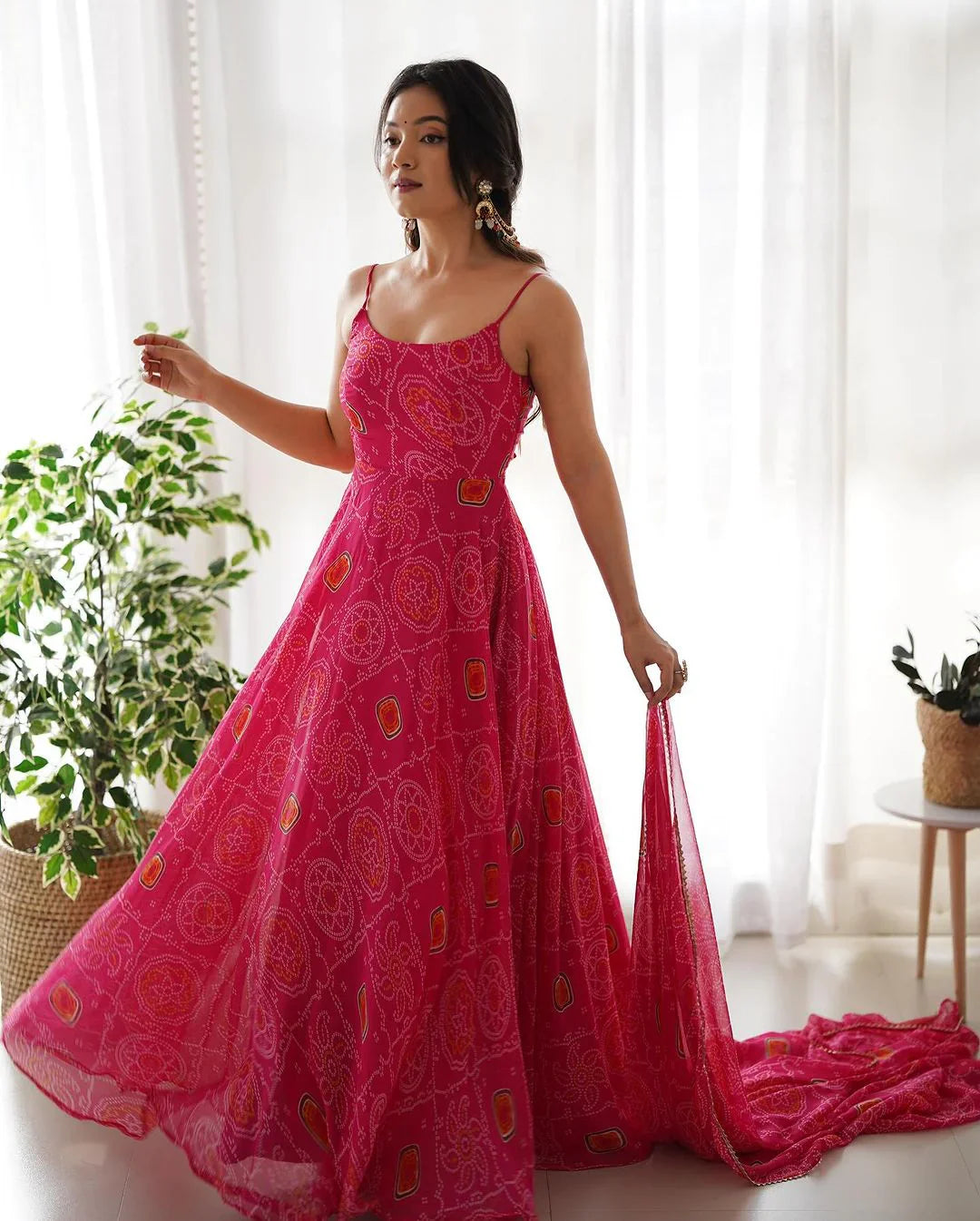 FLORAL PINK COLOR BANDHANI PRINT SOFT CHIFFON THREE PIECE ANARKALI GOWN