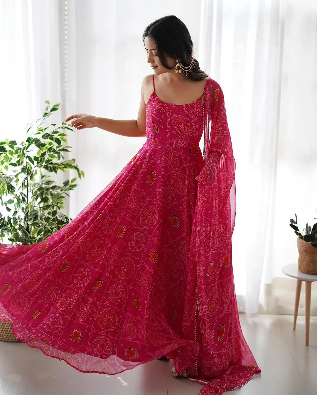 FLORAL PINK COLOR BANDHANI PRINT SOFT CHIFFON THREE PIECE ANARKALI GOWN