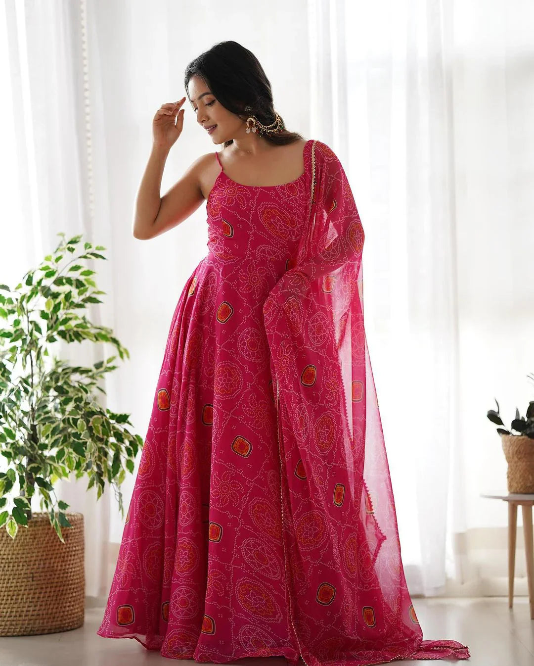 FLORAL PINK COLOR BANDHANI PRINT SOFT CHIFFON THREE PIECE ANARKALI GOWN